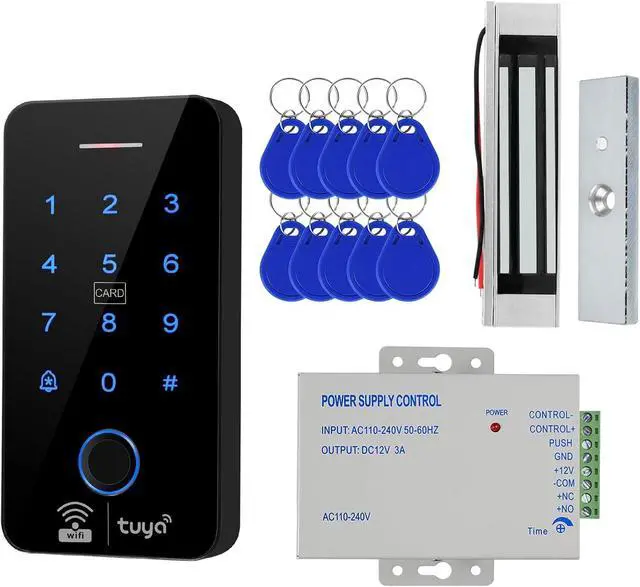 Main image of Tuya WiFi Fingerprint Access Control Kit:100FP/8000C/125kHz+13.56MHz/IP68backlit keypad, 180kg Maglock or Small Electric Lock, 10x IC Keyfobs, PSU, Exit Button Office/Warehouse (180kg)