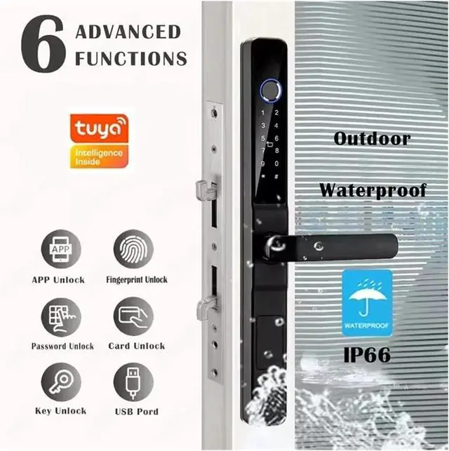 Alt view image 3 of 6 - Tuya Wifi APP Waterproof Smart Fingerprint Lock Password Card Aluminum Sliding Door Lock For Outdoor Pull Push Sliding Door(B-2885-Long)