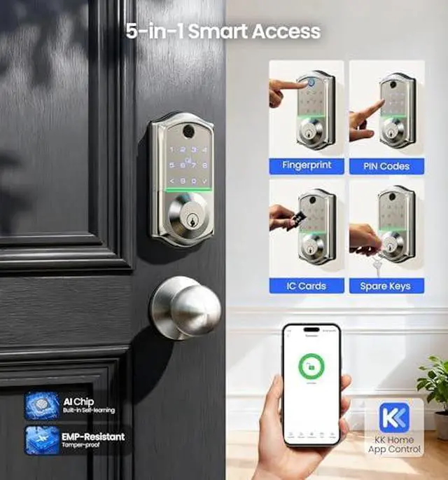 Alt view image 2 of 6 - Veise VE017-K WiFi Smart Lock with G1 Gateway Knob Set, App Control, Fingerprint Access, Keyless Entry Front Door Lock Set, Satin Nickel