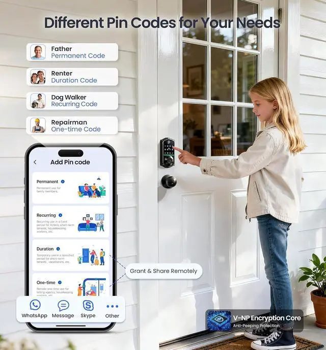 Alt view image 5 of 7 - Veise VE017-H+VE017-K Fingerprint Smart Door Lock, App Control, Keyless Entry Front Door Lock Set, Emergency Power Port, Easy Install, Auto-Lock, Matte Black
