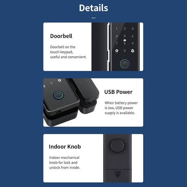 Alt view image 3 of 6 - Smart WiFi Lock Fingerprint Door Lock 1.77 Inch Color Screen Tuya APP Control Password IC Card Temporary Key Dual Hook Latch 2.5D Acrylic Panel 100 Fingerprints 10000 Access