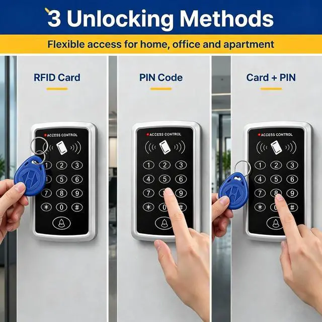 Alt view image 3 of 7 - Door Access Control System Kit with NC Electric Strike Lock + 125KHz Access Control Keypad + DC12V 3A Power Supply + Exit Button +10pcs RFID Keyfobs Cards for Door Entry System