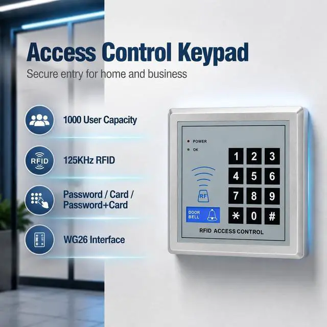 Alt view image 2 of 7 - RealOKbil Fully Access Control System Kit,Easy to Install,1000 Users, Wiegand 26, 125KHz RFID Door Entry Keypad+280kg Magnetic Lock+ DC12V Power Supply+ Exit Button + 10 Key Fobs