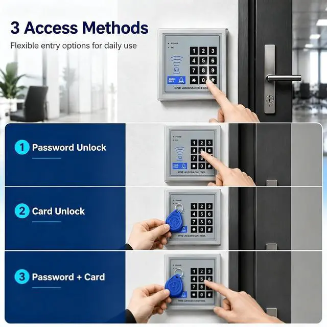 Alt view image 3 of 7 - RealOKbil Fully Access Control System Kit,Easy to Install,1000 Users, Wiegand 26, 125KHz RFID Door Entry Keypad+280kg Magnetic Lock+ DC12V Power Supply+ Exit Button + 10 Key Fobs