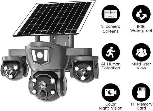 Alt view image 3 of 6 - 4K/8MP Solar-Powered Outdoor Security Camera, 2.4Ghz Wireless Wi-Fi, PTZ, Triple Lenses, PIR Human Detection, Color Night Vision, Two-Way Voice for Home/Business/Driveway/Parking Lot-Grey