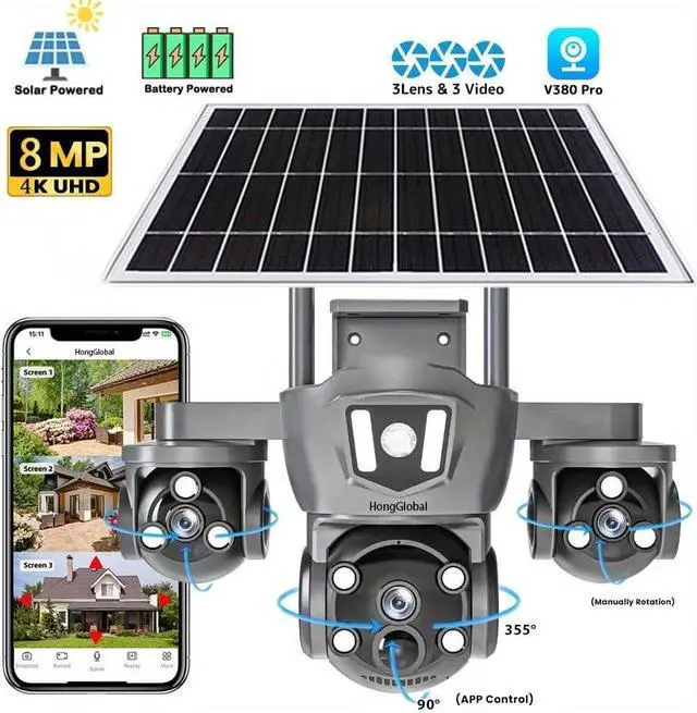 Alt view image 2 of 6 - 4K/8MP Solar-Powered Outdoor Security Camera, 2.4Ghz Wireless Wi-Fi, PTZ, Triple Lenses, PIR Human Detection, Color Night Vision, Two-Way Voice for Home/Business/Driveway/Parking Lot-Grey
