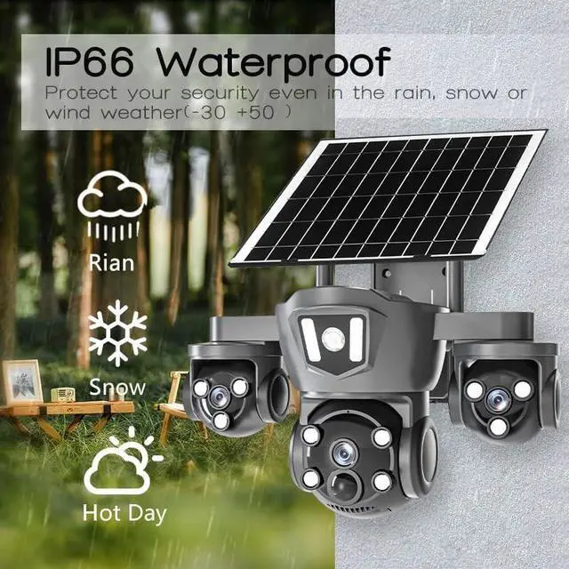 Alt view image 4 of 6 - 4K/8MP Solar-Powered Outdoor Security Camera, 2.4Ghz Wireless Wi-Fi, PTZ, Triple Lenses, PIR Human Detection, Color Night Vision, Two-Way Voice for Home/Business/Driveway/Parking Lot-Grey