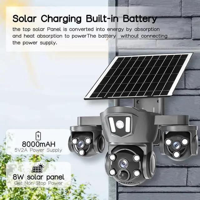 Alt view image 5 of 6 - 4K/8MP Solar-Powered Outdoor Security Camera, 2.4Ghz Wireless Wi-Fi, PTZ, Triple Lenses, PIR Human Detection, Color Night Vision, Two-Way Voice for Home/Business/Driveway/Parking Lot-Grey