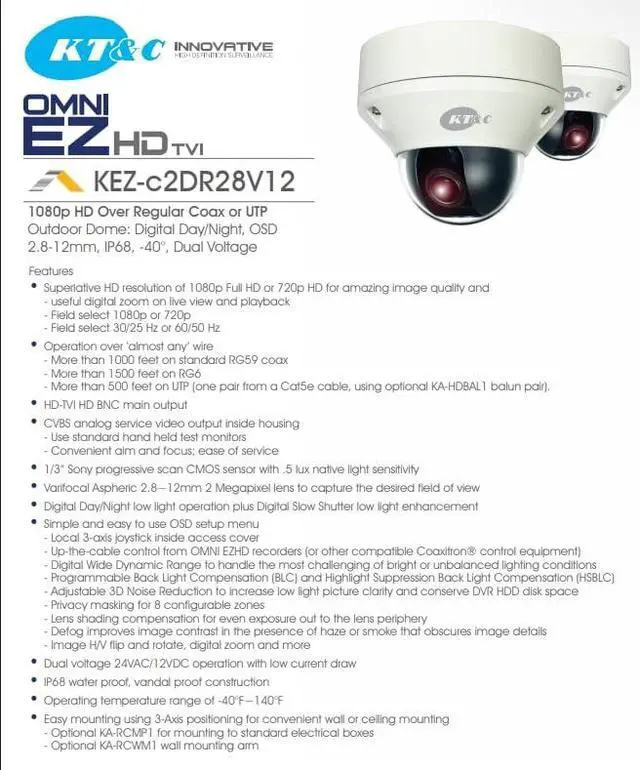 Alt view image 2 of 4 - KT&C HD-TVI Outdoor Vandal Dome Security Camera, 1080p, 2.8-12mm Varifocal Lens, Day/Night Vision, Dual Power