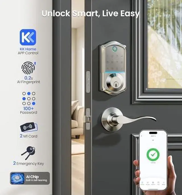 Alt view image 2 of 6 - Veise VE017L+VE017-D Fingerprint Smart Door Lock, App Control, 8-in-1 Keyless Entry, Auto Lock, Emergency Power Port, Electronic Touchscreen Keypad, Biometric Smart Locks for Front Door, Satin Nickel