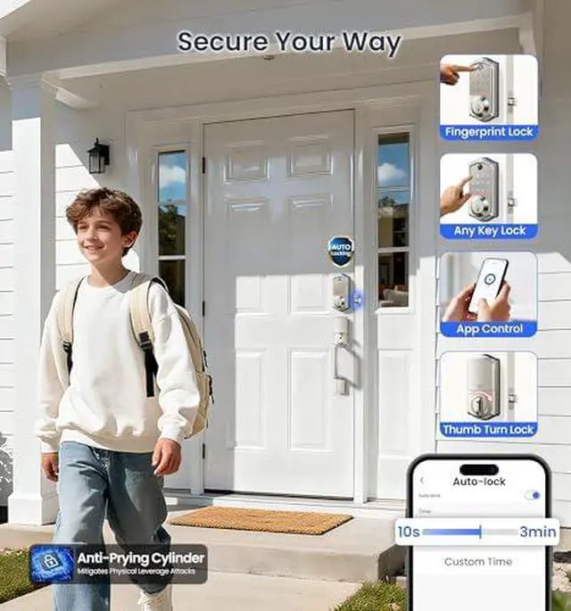 Alt view image 6 of 6 - Veise VE017L+VE017-D Fingerprint Smart Door Lock, App Control, 8-in-1 Keyless Entry, Auto Lock, Emergency Power Port, Electronic Touchscreen Keypad, Biometric Smart Locks for Front Door, Satin Nickel