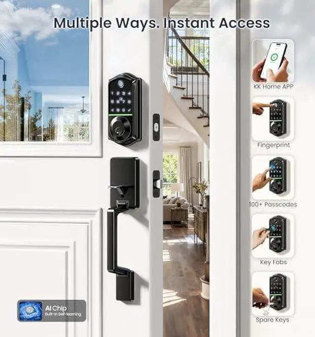 Alt view image 2 of 6 - Veise VE017+VE017-D Fingerprint Smart Door Lock, App Control, 8-in-1 Keyless Entry, Auto Lock, Emergency Power Port, Electronic Touchscreen Keypad, Biometric Smart Locks for Front Door, Matte Black