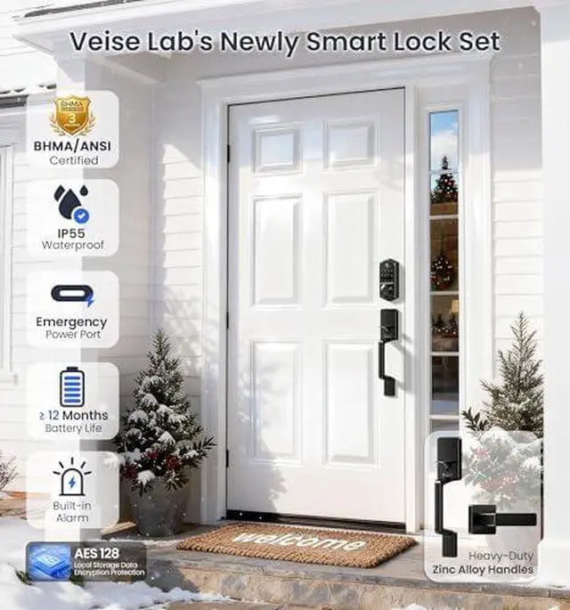 Alt view image 4 of 6 - Veise VE017+VE017-D Fingerprint Smart Door Lock, App Control, 8-in-1 Keyless Entry, Auto Lock, Emergency Power Port, Electronic Touchscreen Keypad, Biometric Smart Locks for Front Door, Matte Black
