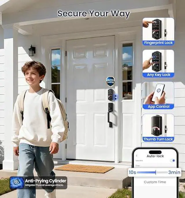 Alt view image 5 of 6 - Veise VE017+VE017-D Fingerprint Smart Door Lock, App Control, 8-in-1 Keyless Entry, Auto Lock, Emergency Power Port, Electronic Touchscreen Keypad, Biometric Smart Locks for Front Door, Matte Black
