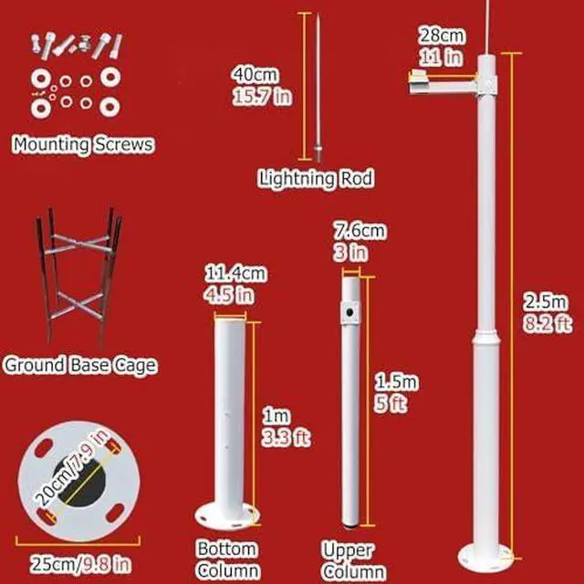 Main image of Adjustable 2-6m Galvanized Steel Security Camera Mount Post with Ground Base Cage & 40cm Lightning Rod - Ideal for White Surveillance Systems (H-250cm)