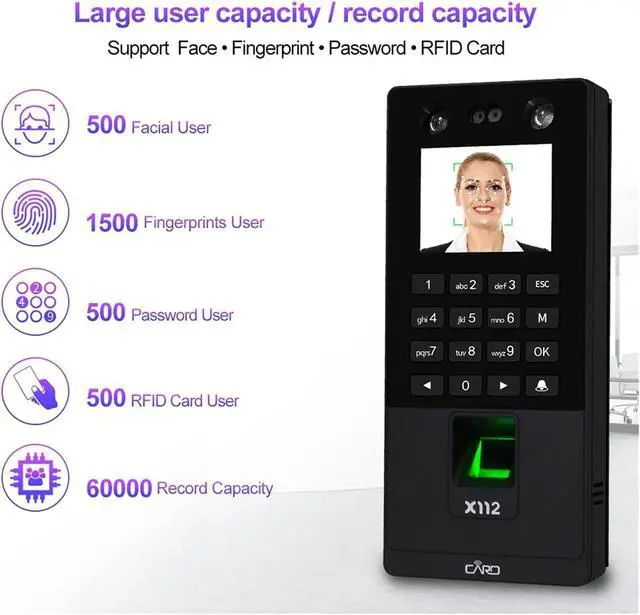 Alt view image 4 of 7 - Time Clock, Biometric Facial Door Access Control System Software Keypad Reader Fingerprint Face Time Attendance Machine for Business, Office(X112)