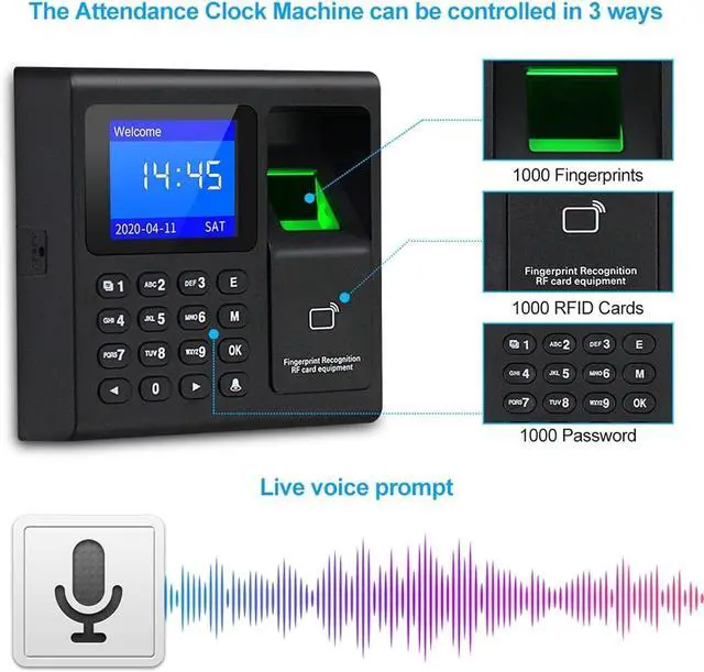 Alt view image 3 of 7 - Time Clock, Fingerprint Attendance Machine Intelligent Biometric Fingerprint Time Attendance Machine Time Clock Recorder Device Employee for Business, Office
