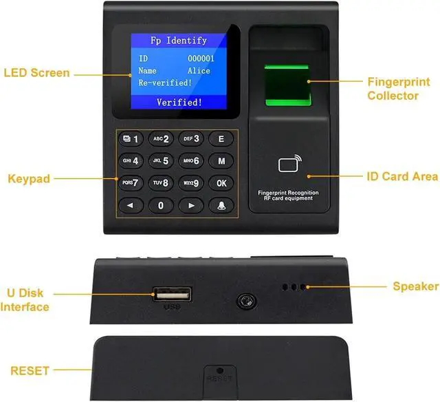 Alt view image 4 of 7 - Time Clock, Fingerprint Attendance Machine Intelligent Biometric Fingerprint Time Attendance Machine Time Clock Recorder Device Employee for Business, Office