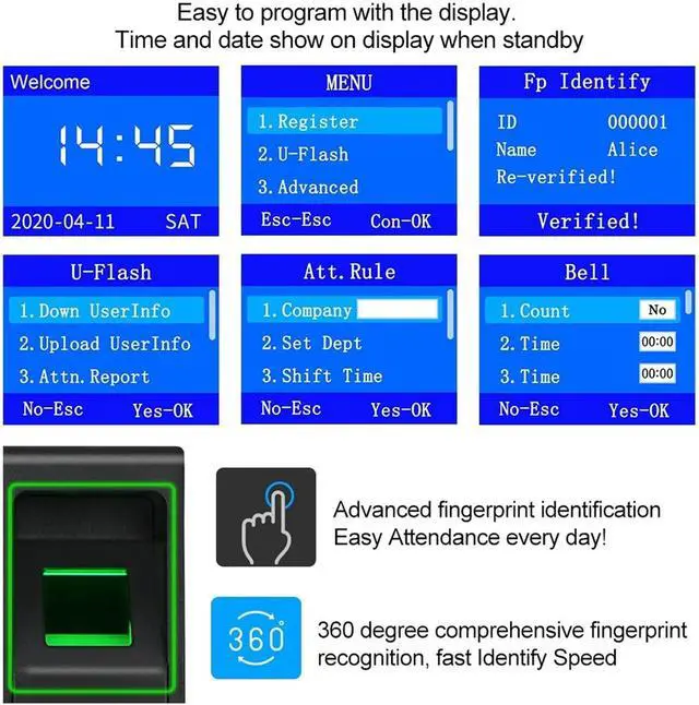 Alt view image 5 of 7 - Time Clock, Fingerprint Attendance Machine Intelligent Biometric Fingerprint Time Attendance Machine Time Clock Recorder Device Employee for Business, Office