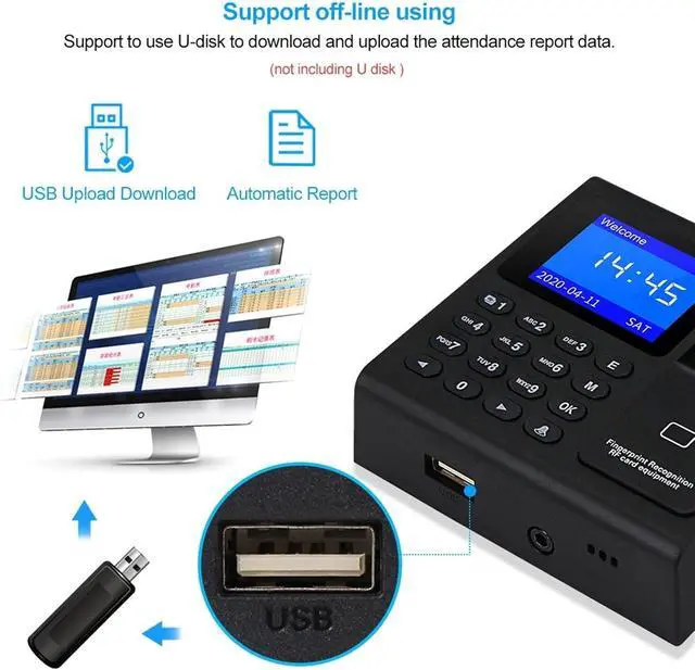 Alt view image 6 of 7 - Time Clock, Fingerprint Attendance Machine Intelligent Biometric Fingerprint Time Attendance Machine Time Clock Recorder Device Employee for Business, Office