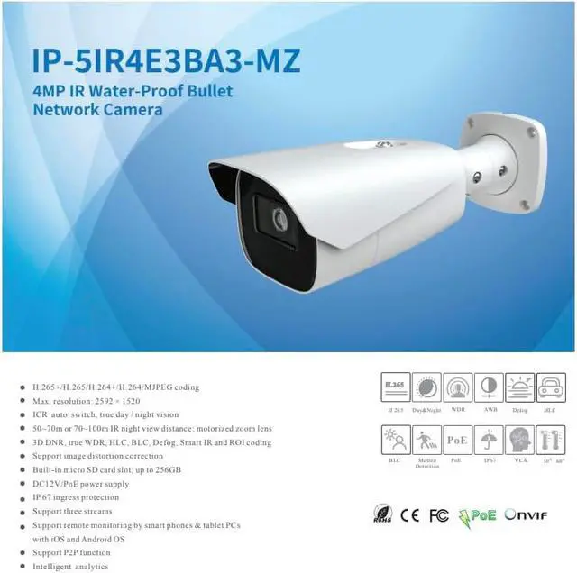 Alt view image 2 of 4 - ENS Titanium IP-5IR4E3BA3-MZ IP 4MP 2.8-12mm Motorized Zoom WDR 230ft IR NDAA Bullet Camera
