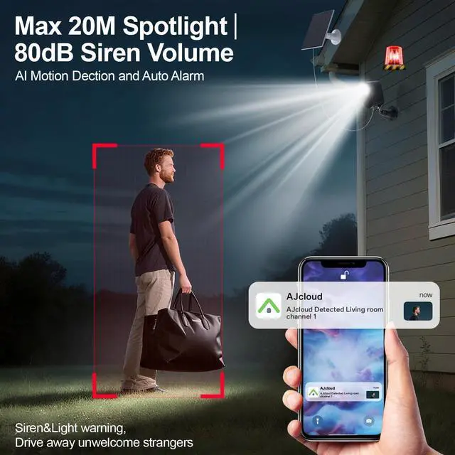 Alt view image 5 of 7 - Outdoor Solar-Powered Surveillance Camera Spotlight Siren Alarm, Color Night Vision, 2-Way Audio, Waterproof Home Surveillance(White-2PCS)