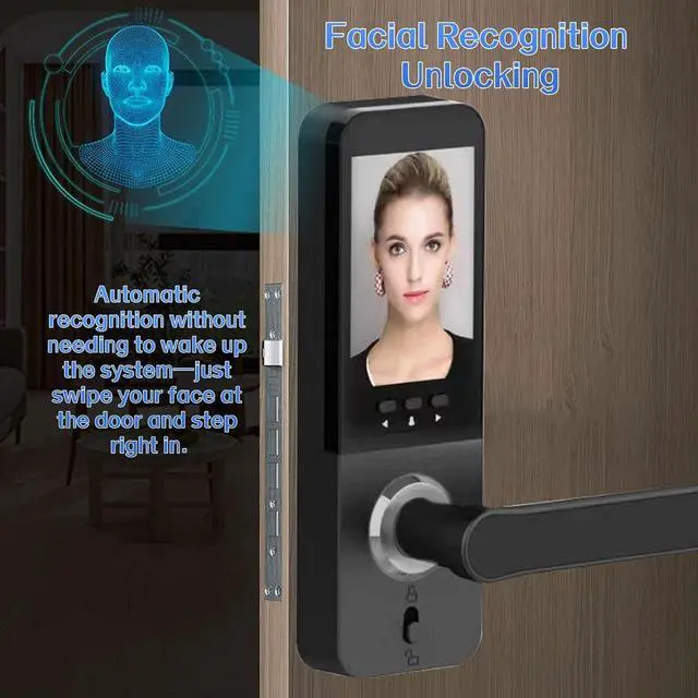 Alt view image 3 of 7 - Face Recognition Smart Door Lock with Camera, Doorbell, Video Calling, APP Remote Control, Fingerprint, Password, IC Card, Key, Keyless Face Recognition Door Lock for Front Door, Entry Door, Black