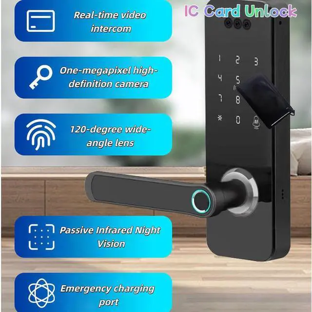 Alt view image 7 of 7 - Face Recognition Smart Door Lock with Camera, Doorbell, Video Calling, APP Remote Control, Fingerprint, Password, IC Card, Key, Keyless Face Recognition Door Lock for Front Door, Entry Door, Black