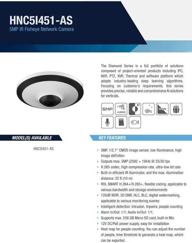 Alt view image 2 of 4 - ENS Diamond HNC5I451-AS IP 5MP/30fps 1.4mm 32ft IR WDR Starlight Mic Fisheye Dome Camera