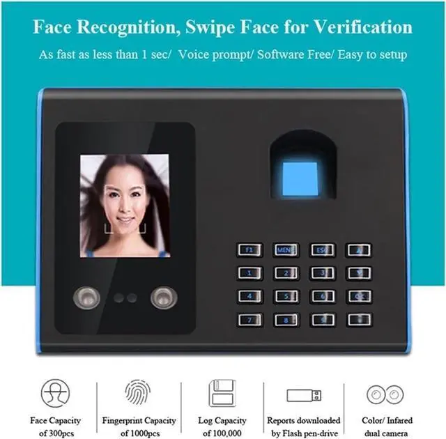 Alt view image 5 of 6 - Attendance Machine Time Clock Face Recognition Attendance Machine TFT LCD Display Attendance System Time Employee Checking-in Recorder,