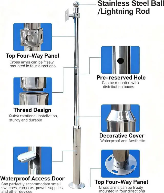 Alt view image 3 of 7 - ERRULAN Security Camera Pole Mount Outdoor, Universal Surveillance Camera Post Stand Stainless Steel, CCTV Security Surveillance Pole for School/Parking Lot/Mall(Height 4m/157.4in/13.1ft)