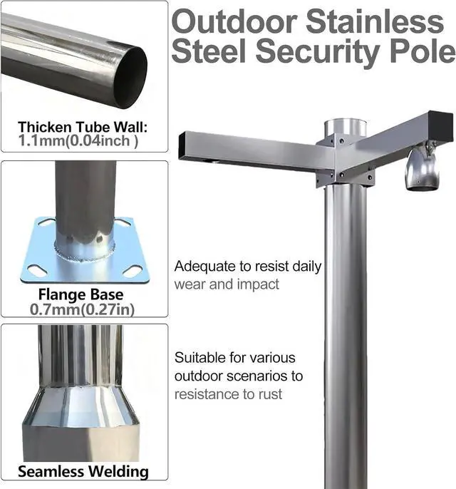 Alt view image 4 of 7 - ERRULAN Security Camera Pole Mount Outdoor, Universal Surveillance Camera Post Stand Stainless Steel, CCTV Security Surveillance Pole for School/Parking Lot/Mall(Height 4m/157.4in/13.1ft)