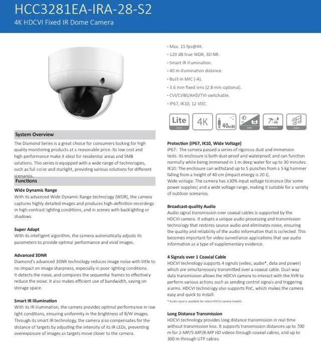 Alt view image 2 of 5 - ENS Diamond HCC3281EA-IRA-28-S2 8MP/4K/15fps CVI/TVI/CVBS/AHD 2.8mm 131ft IR Mic Dome Camera