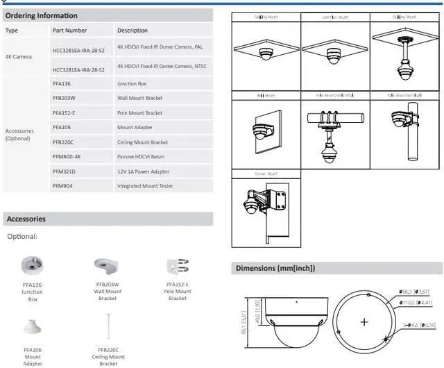 Alt view image 4 of 5 - ENS Diamond HCC3281EA-IRA-28-S2 8MP/4K/15fps CVI/TVI/CVBS/AHD 2.8mm 131ft IR Mic Dome Camera