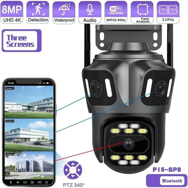 Alt view image 2 of 6 - Icsee3-Eye Three-Screen 8MP Wireless WiFi HD Network Camera Outdoor Full Color Mobile Phone Remote 360 Panoramic View
