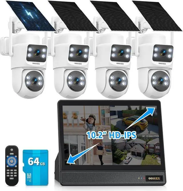 Main image of OOSSXX (2026 Updated) Solar Security Camera System Wireless Outdoor, 4MP Dual-Lens PTZ & Fixed View, 10CH NVR with 10" IPS Monitor, 64GB Storage, Dual Antennas, No Monthly Fee, 4-Cam Kit
