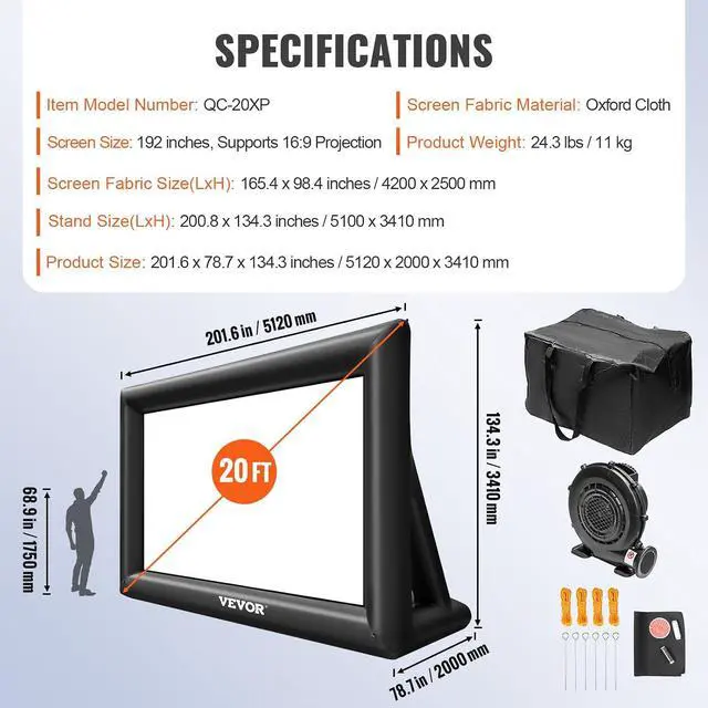 Alt view image 7 of 7 - VEVOR Inflatable Movie Screen 20FT Inflatable Projector Screen for outside with 350W Air Blower Inflatable Screen Oxford Fabric Material Blow Up Screen for Outdoor Movie Supports Front/Rear Projection