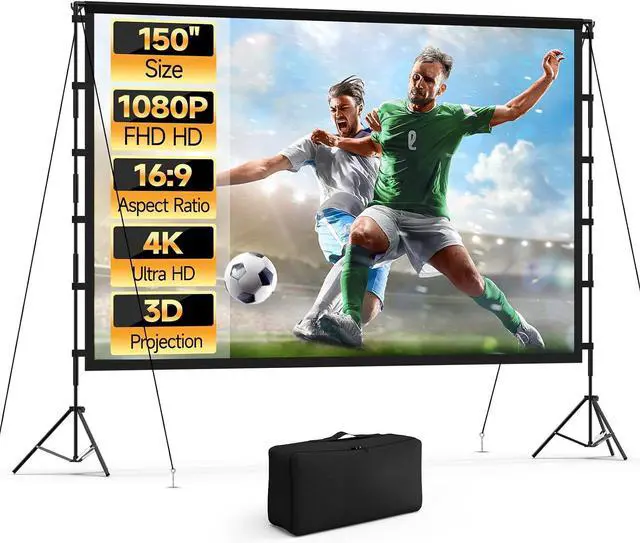 Main image of 150 Inch Projector Screen with Stand, 16:9 4K HD Portable Outdoor/Indoor Movie Screen, Anti-Wrinkle Polyester Fabric with Carry Bag for Home Theater Backyard Camping