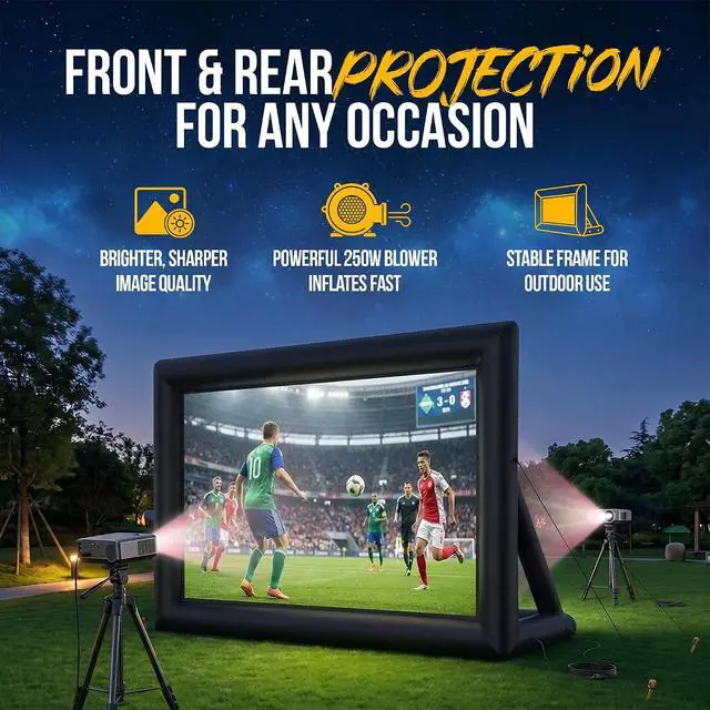 Alt view image 3 of 7 - 16 ft Outdoor Projector Screen with Built-in Blower - Supports Front and Rear Projection - Includes Tie-Downs and Storage Bag - Inflatable Projector