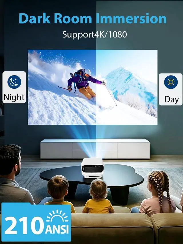 Alt view image 2 of 7 - Wielio 2026 Smart Projector Android 14/TV with WiFi 6 and Bluetooth 5.0 Built in 1000+ Apps 210 ANSI Portable Bedroom Mini Movie Projector Auto Keystone & Zoom Auto Focus/Preferred Dark Room)