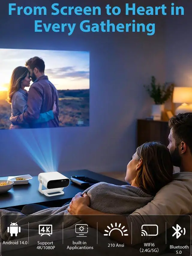 Alt view image 3 of 7 - Wielio 2026 Smart Projector Android 14/TV with WiFi 6 and Bluetooth 5.0 Built in 1000+ Apps 210 ANSI Portable Bedroom Mini Movie Projector Auto Keystone & Zoom Auto Focus/Preferred Dark Room)