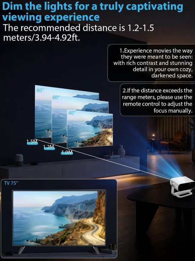 Alt view image 7 of 7 - Wielio 2026 Smart Projector Android 14/TV with WiFi 6 and Bluetooth 5.0 Built in 1000+ Apps 210 ANSI Portable Bedroom Mini Movie Projector Auto Keystone & Zoom Auto Focus/Preferred Dark Room)