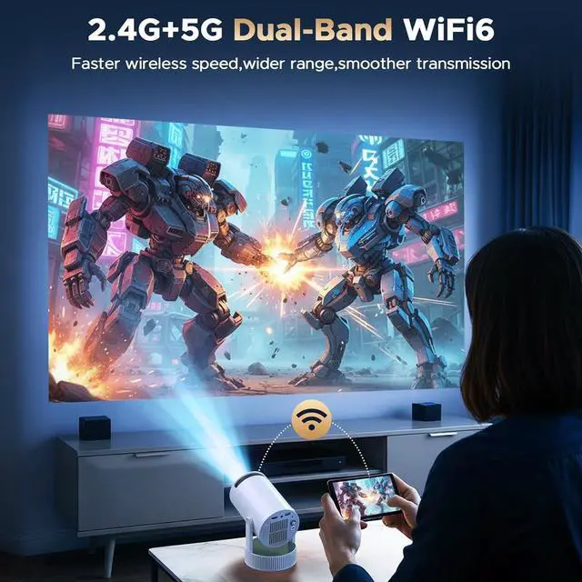 Alt view image 4 of 7 - Mini Projector with WiFi and Bluetooth, Portable Projector with Built-in Battery, 4K Supported Android 11.0 Smart Outdoor Projector for Camping, Bedroom, Compatible with iPhone/TV Stick/HDMI/Laptop