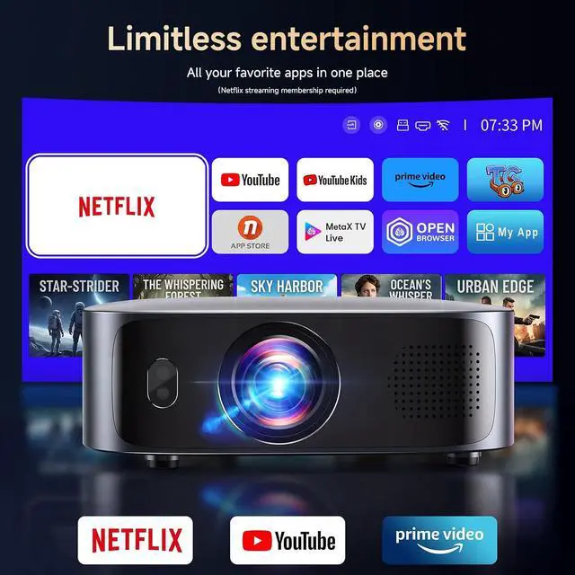 Alt view image 3 of 7 - Short Throw Projector 4K with WiFi and Bluetooth,2000ANSI Auto Focus Keystone Smart Projector Built in Apps Dolby Audio Home Theater Movie Portable Outdoor Projector Ceiling Gunmetal