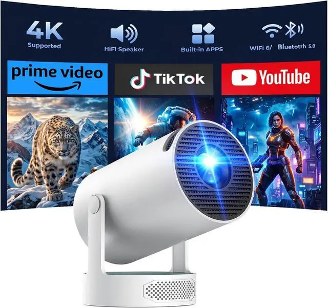 Alt view image 6 of 6 - Mini Projector with WiFi and Bluetooth, 4K Support Portable Movie Projector, 300 ANSI Lumen, Android 11, 220° Rotating Stand, 5W Base Speaker, Auto Vertical Keystone, HDMI/USB Compatible for Bedroom