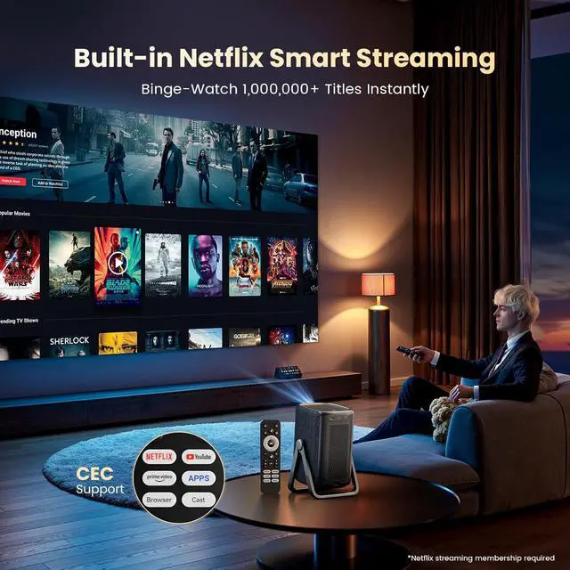 Alt view image 3 of 7 - Short Throw Projector 4K Compatible with Netflix,1200ANSI Ceiling Projector Portable for Bedroom/Outdoor Auto focus 6D Keystone Dolby Smart Home Projector with WiFi and Bluetooth 200''