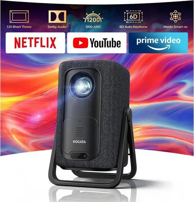 Main image of Short Throw Projector 4K Compatible with Netflix,1200ANSI Ceiling Projector Portable for Bedroom/Outdoor Auto focus 6D Keystone Dolby Smart Home Projector with WiFi and Bluetooth 200''