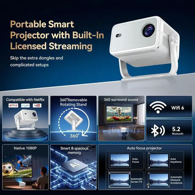 Alt view image 2 of 7 - Outdoor Projector with WiFi and Bluetooth, 3500 Brightness 4K Support Smart Projector with Auto Focus & Keystone, Official Licensed Apps 360°Rotatable Stand Portable Movie Projectors for Home Bedroom