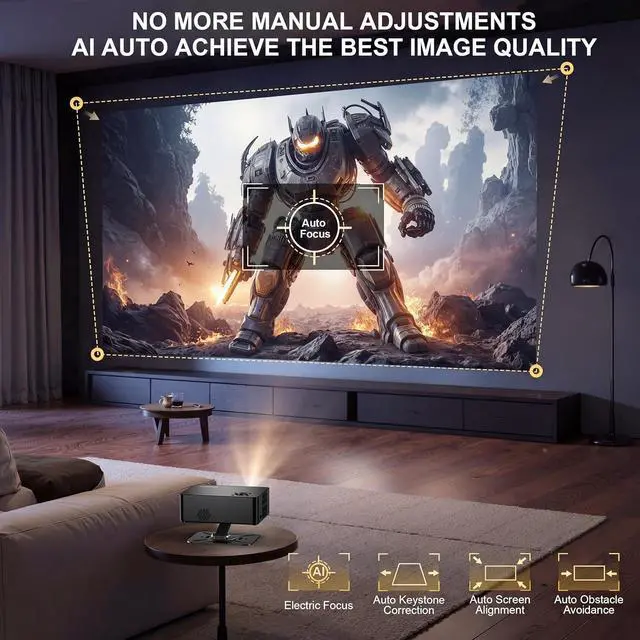 Alt view image 5 of 7 - Outdoor Projector with WiFi and Bluetooth,3000 Brightness,Portable Smart projector with Official Licensed Apps and AI Auto Focus,4K movie projectors Compatible with Netflix/YouTube/PrimeVideo (Black)