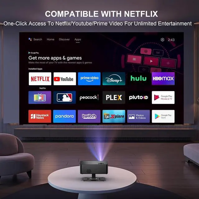 Alt view image 2 of 7 - Outdoor Projector with WiFi and Bluetooth,3000 Brightness,Portable Smart projector with Official Licensed Apps and AI Auto Focus,4K movie projectors Compatible with Netflix/YouTube/PrimeVideo (Black)